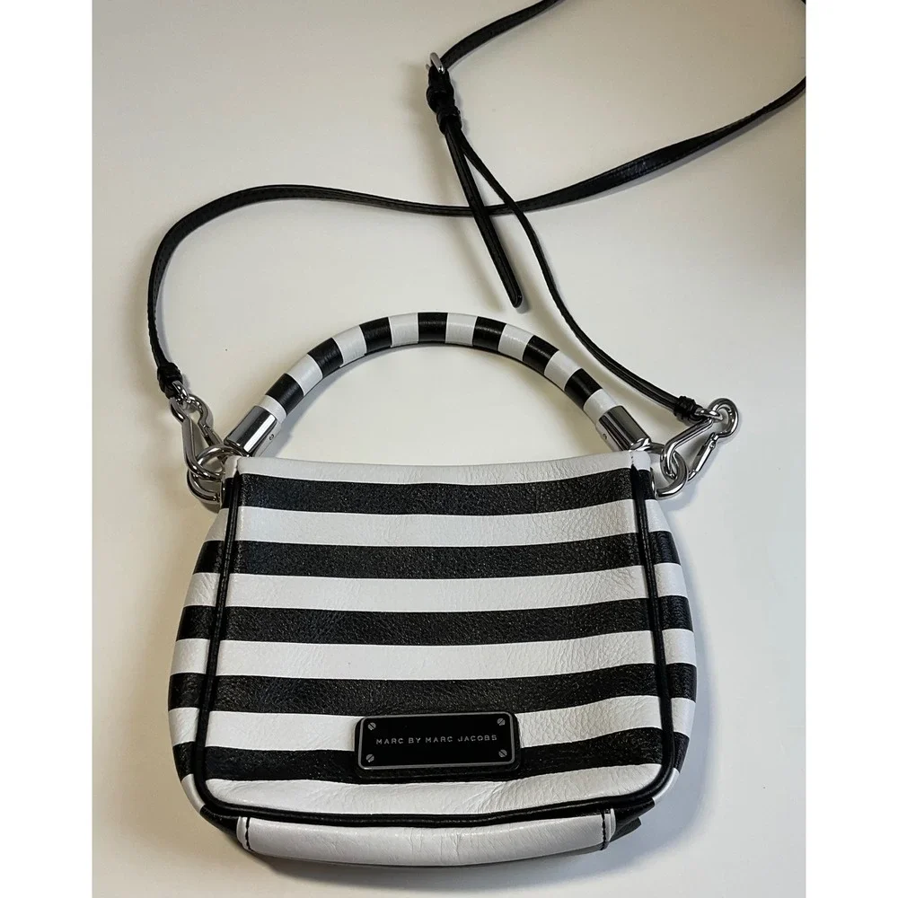 Marc by Marc Jacobs Black White Striped Leather Crossbody Top Handle Bag